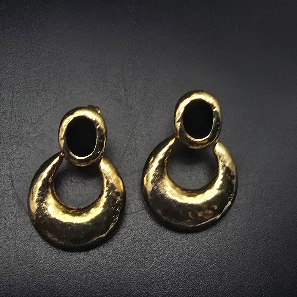 Gold Tone Door Knocker Earrings With Black Enamel Vintage Costume Jewelry